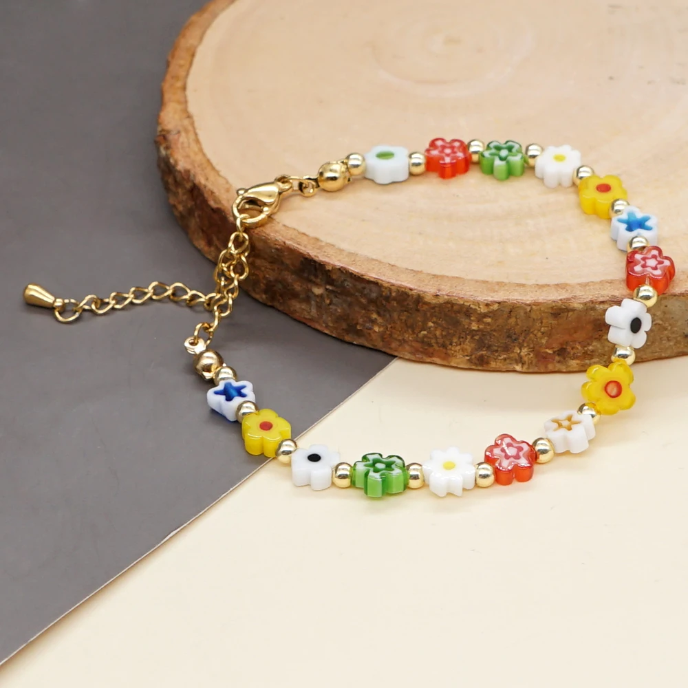 Браслет Go2Boho Y2K женский из нержавеющей стали с цветами и бусинами - купить по