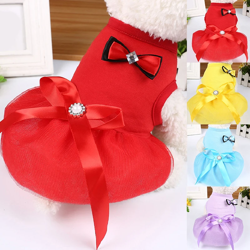 

2021 New Crystal Bowknot Dog Skirt Pet Cloth Summer Cute Cool Breathable Dog Dress Clothing For Small Medium Dogs Size XS-2XL