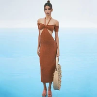 solid out woman halter dresses summer sexy hollow bodycon patchwork streetwear casual low cut halter beach dress strapless