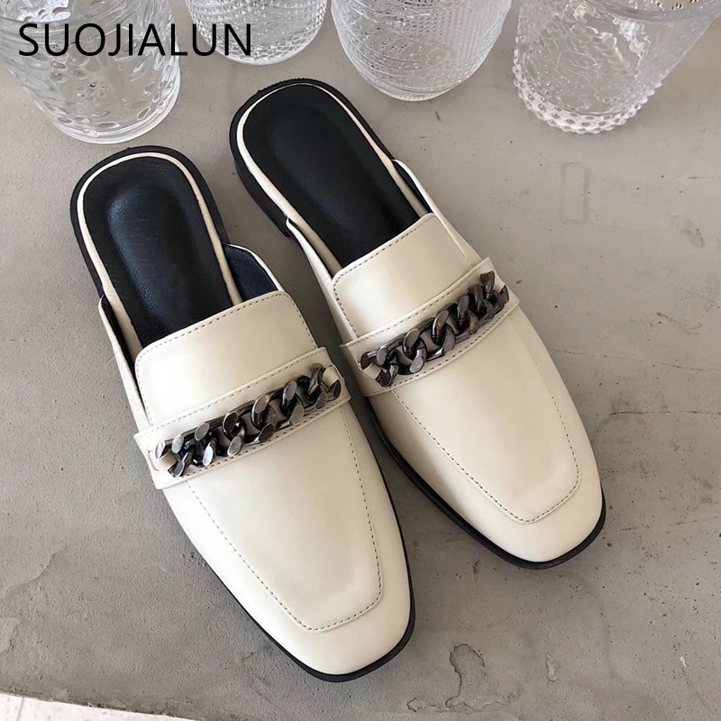 SUOJIALUN/Роскошные Дизайнерские шлепанцы без шнуровки; брендовые босоножки в британском стиле с цепочкой; шлепанцы на плоской подошве с круглым носком; большие размеры 41