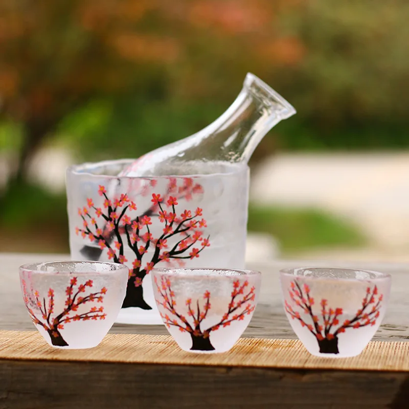 

Japanese Glass Wine Set Plum Blossom Pattern Sake Glass Pot Ice Jug Flagon Liquor Shochu Cups Wine Bottle Drinkware Bar Set Gift