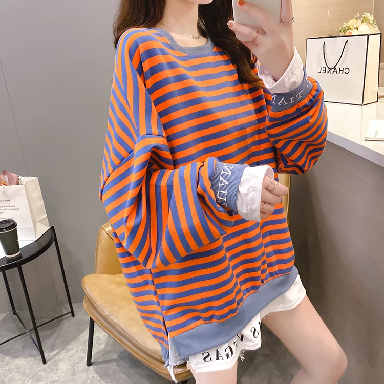 

Large Size Classic Stripe Pullovers Sweatshirts Women 2021 Autumn Casual Harajuku Hip Hop Loose Split Female Street Style Tops