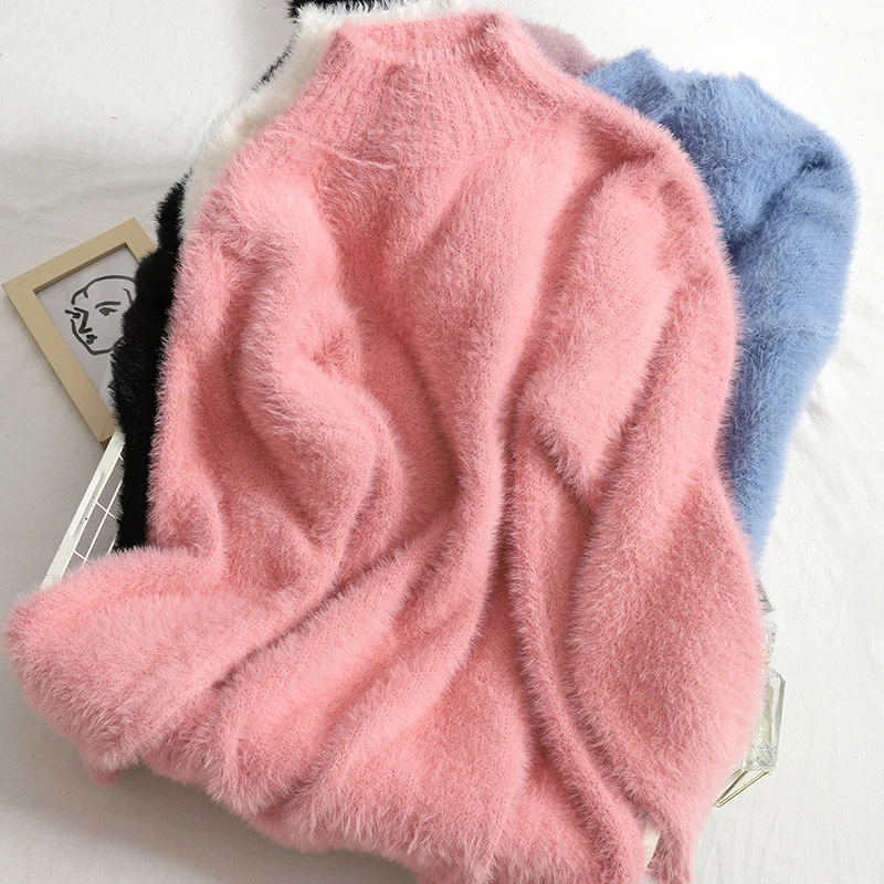 

Корейский теплый мягкий однотонный плюшевый свитер, женские пуловеры, новинка 2021, зимний мохеровый вязаный пуловер с высоким воротником, же...