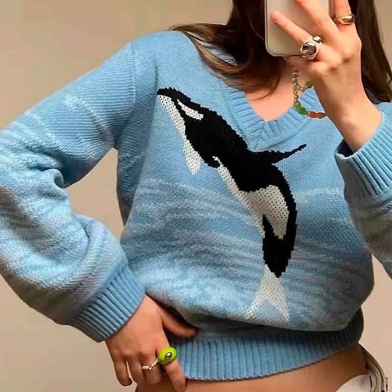 Женский трикотажный свитер с длинным рукавом и V-образным вырезом | Женская