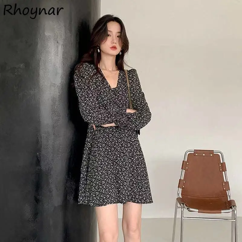 

Long Sleeve Dress Women Elegant Bandage Vintage Floral V-neck Korean Style Leisure Female Mini Vestido Fashion New All-match Ins