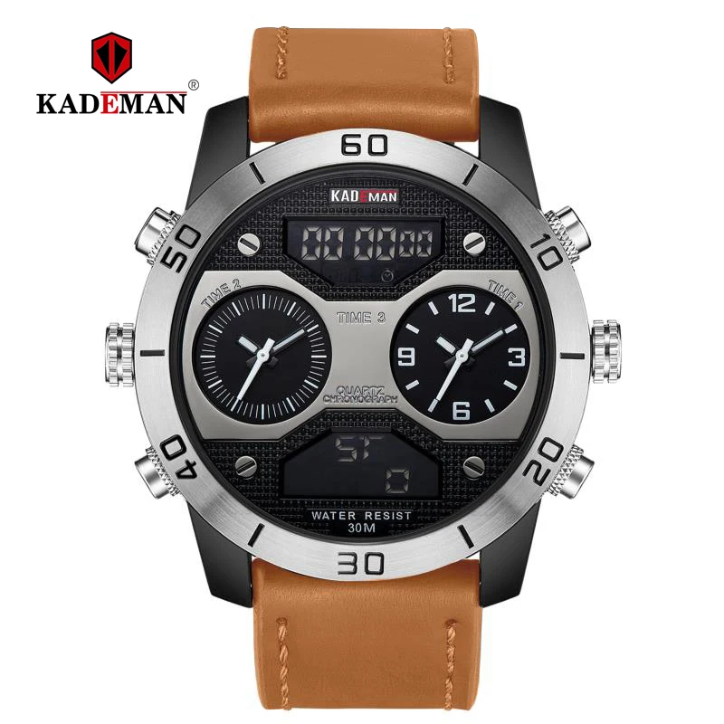 Мужские часы KADEMAN спортивные армейские водонепроницаемые аналоговые с двойным