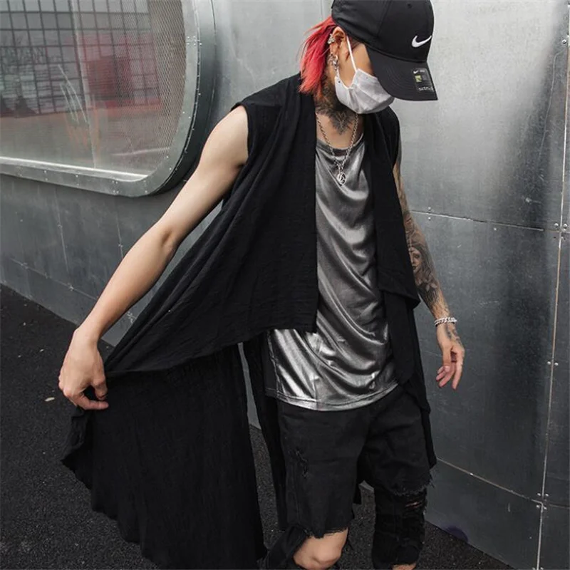 Мужской Хлопковый Длинный жилет в стиле хип-хоп накидка без рукавов для ночного