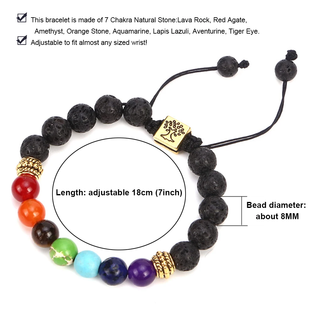 

Handmade 8mm Nature Stone Braided Rope Tree of Life Lava Rock Beads 7 Chakra Healing Prayer Yoga Chakra Bracelet for Men Women