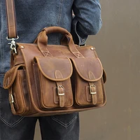 vintage crazy horse genuine leather men briefcase 15 laptop business tote cow shoulder messenger bag office handbag portfolio