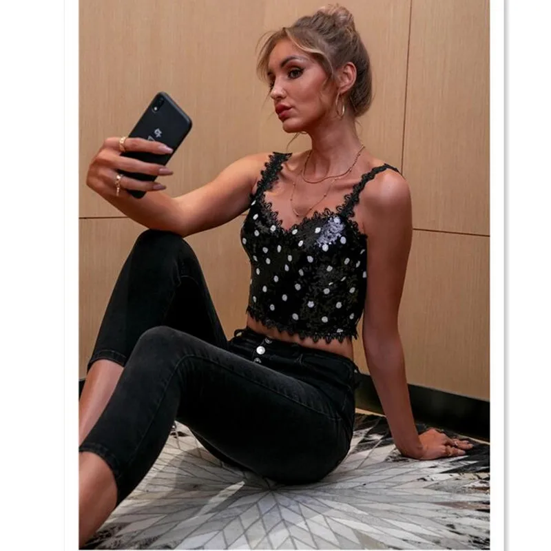 

Fashion Spot Shirts Zipper Lace Cropped Vest Sexy Tank Tops Women Cloth