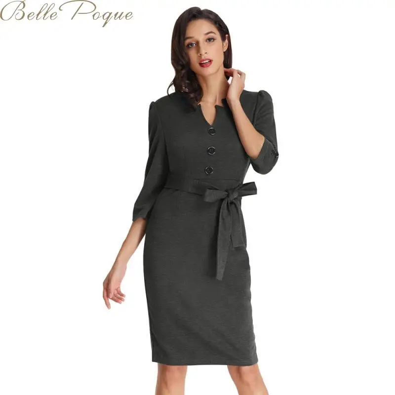 Belle Poque винтажное однотонное платье с бантом на поясе женские элегантные офисные