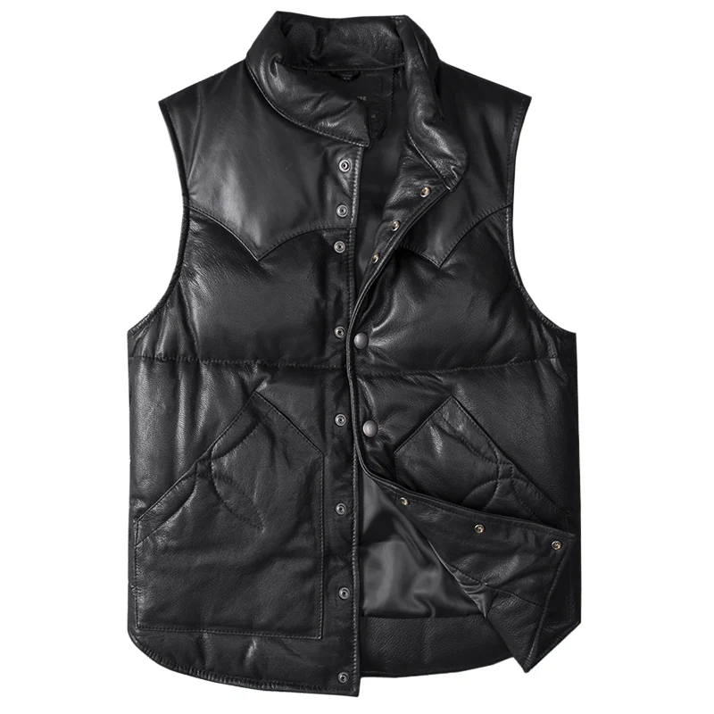 

2021 Black Casual Style Genuine Leather Vest Men Large Size 3XL Single Brested Real Natural Sheepskin Slim Fit Autumn Warm Coat