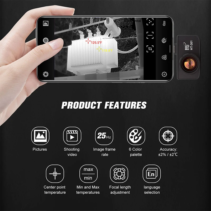 

Thermal Imager HT-301 USB Mobile Phone Thermal Infrared Imager for Android Phones -20~ 400 Resolution 384x288 Temperature Gun