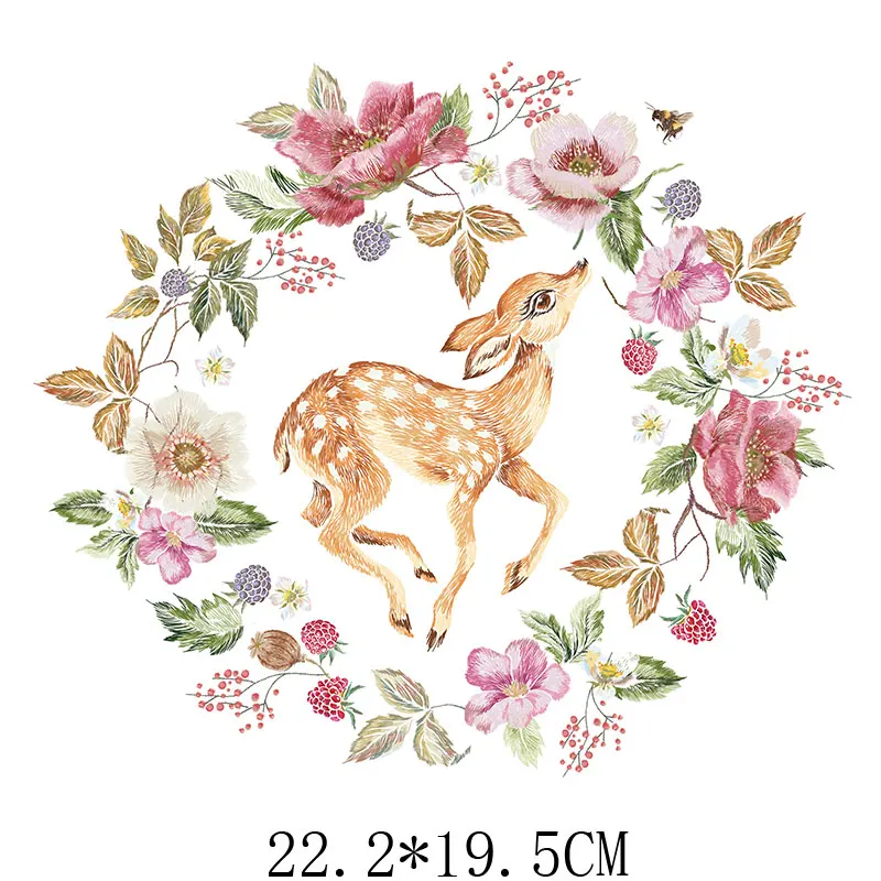 

22.2x19.5cm Cute Flower Deer Animal Iron On Patches For DIY Heat Transfer Clothes T-Shirt Thermal Stickers Decoration Printing