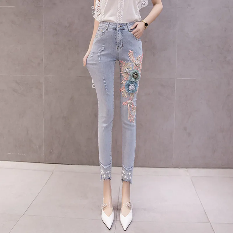 2019 осенние женские джинсы узкие с высокой талией Стрейчевые небольшой цветочной