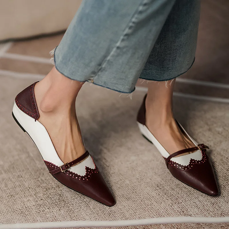 

Women Genuine Leather Flats Buckle Decoration Ladies Spring Retro Chunky Heel Pointed Toe Non Slip Casual Shoes 2021 Shoes Women