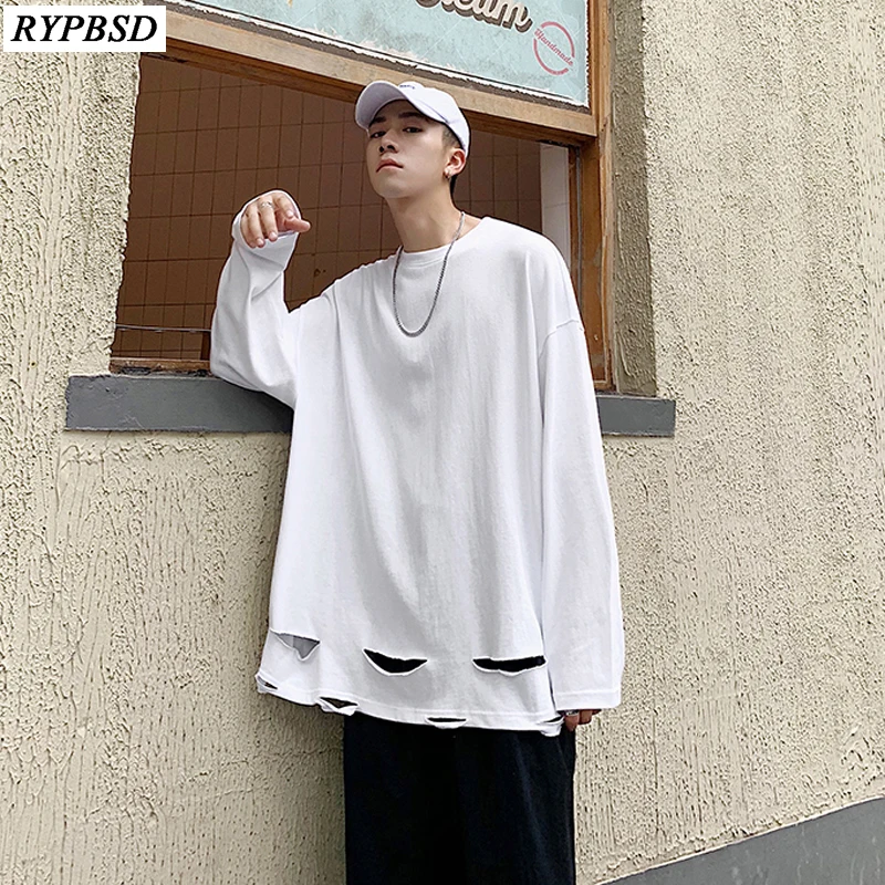 

Men Hole Shirt Casual Fashion Long-sleeved Autumn New 2019 Long Oversize Shirt Round Neck Solid Color Bottoming Shirts Men M-XL
