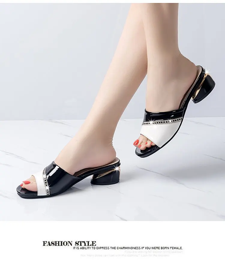 

Fish mouth soft leather sandals and slippers women Outer wear square toe 2021 summer new shoes Block-heeled high-heeled slippers