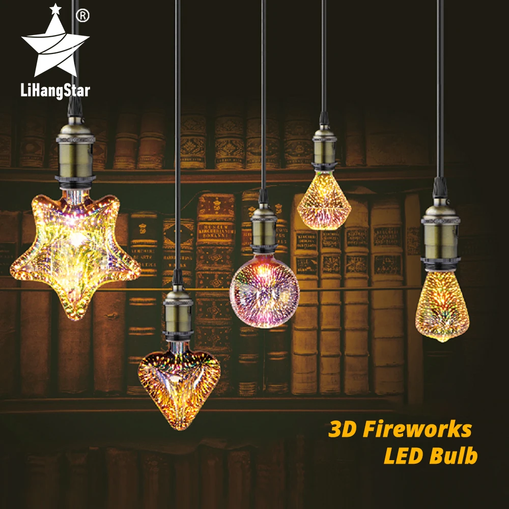 

3D Decorative LED Edison Bulb E27 85-265V A60 ST64 G95 G80 G125 Retro Stars Fireworks Holiday Night Light Novelty Christmas Tree