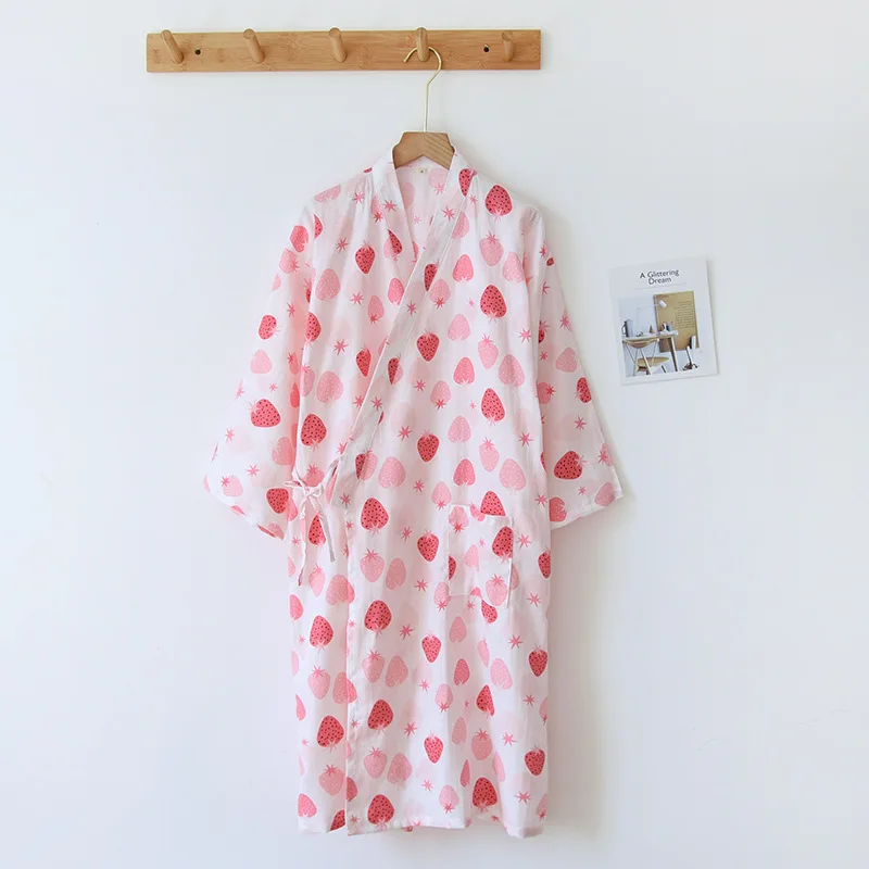 

2021 Summer Cotton Robes Double Layer Gauze Sleepwear Three Quarter Thin Kimono Bathrobe Women Sleep Tops Loose Night Gown