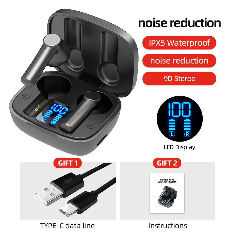 

Tws True Wireless Bluetooth 5.0 Earphones 9D Stereo Noise Reduction Music Headset Ipx5 Waterproof Sport Earphone In-ear Earbuds