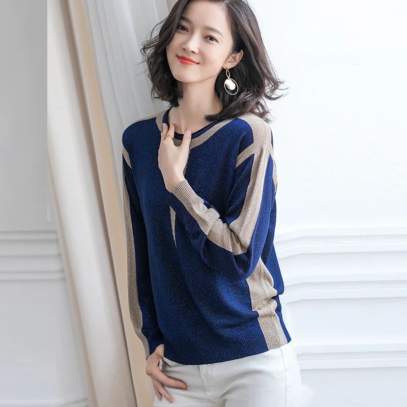 Женский трикотажный свитер в стиле пэчворк с круглым вырезом | Женская одежда