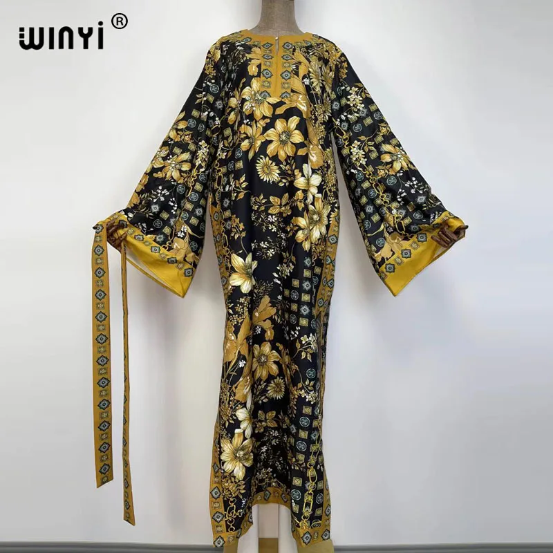 

Женское длинное платье в пол WINYI, Элегантное Шелковое Платье макси с рукавом «летучая мышь» и золотым принтом, осень
