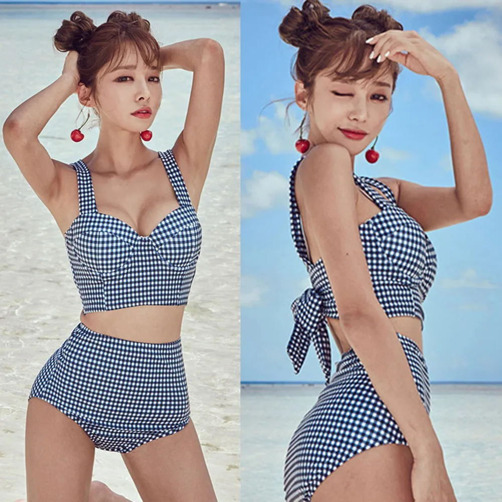 

Women Korean Hot Bowknot High Waist Swimsuit Retro Plaid Swimwear Sexy Bikini High Waist Swimwear Women Bathing Suit Beach Wear