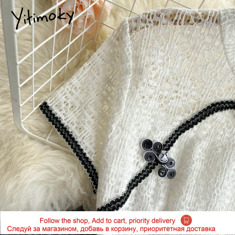 

Yitimoky Fashion Lace High Waist Dresses Women Short Sleeve Stand A-Line Slit Unicolor Clothing 2021 Summer Korean Fashion New