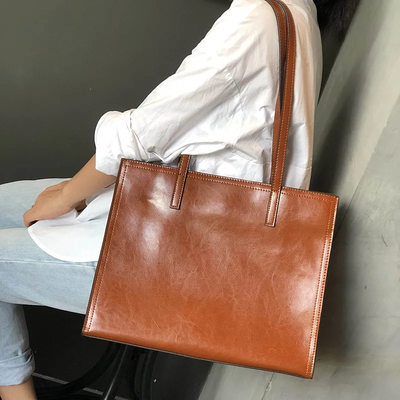 Casual Tote Women Split Leather Handbag Vintage Shoulder Bag Oil Wax Cowhide Bags Large Capacity Briefcase Soft Work Tote Travel