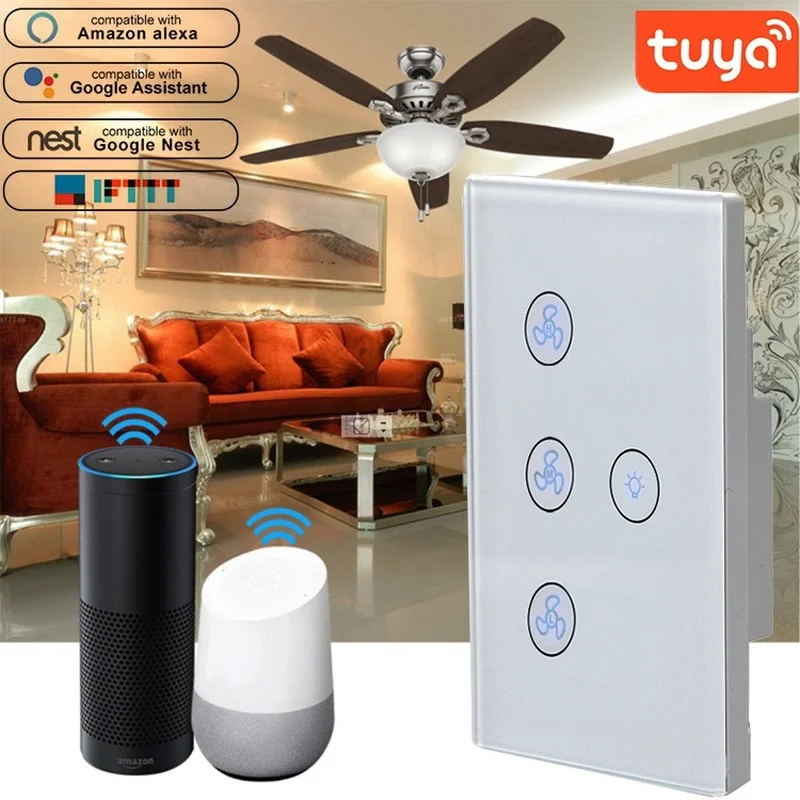 

WiFi Smart Ceiling Fan Light Switch EU US Touch Panel Tuya APP Remote Various Speed Control Works with Alexa and Google Home