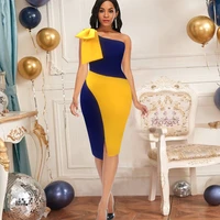women dresses bodycon party sexy one shoulder bowtie blue yellow patchwork irregular sheath event lady african autumn night out