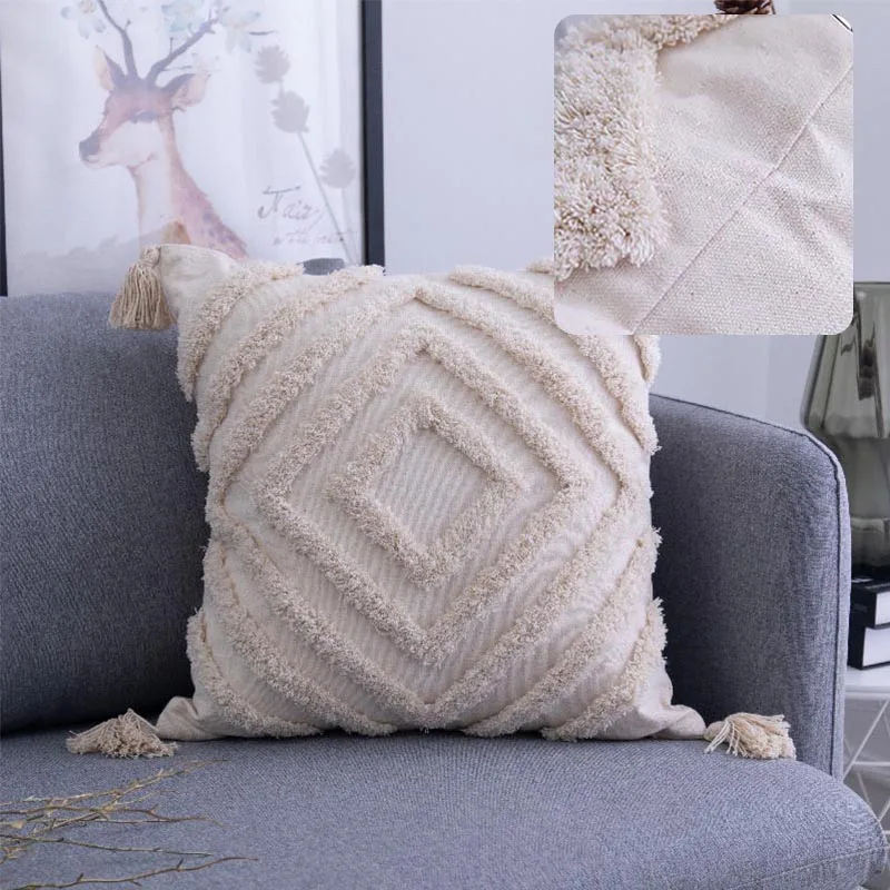 

Tassels Cushion Cover Bohemian Square Cushion Covers For Living Room Beige Sofa Pillow Case With Zipper Bedroom Home Decoration