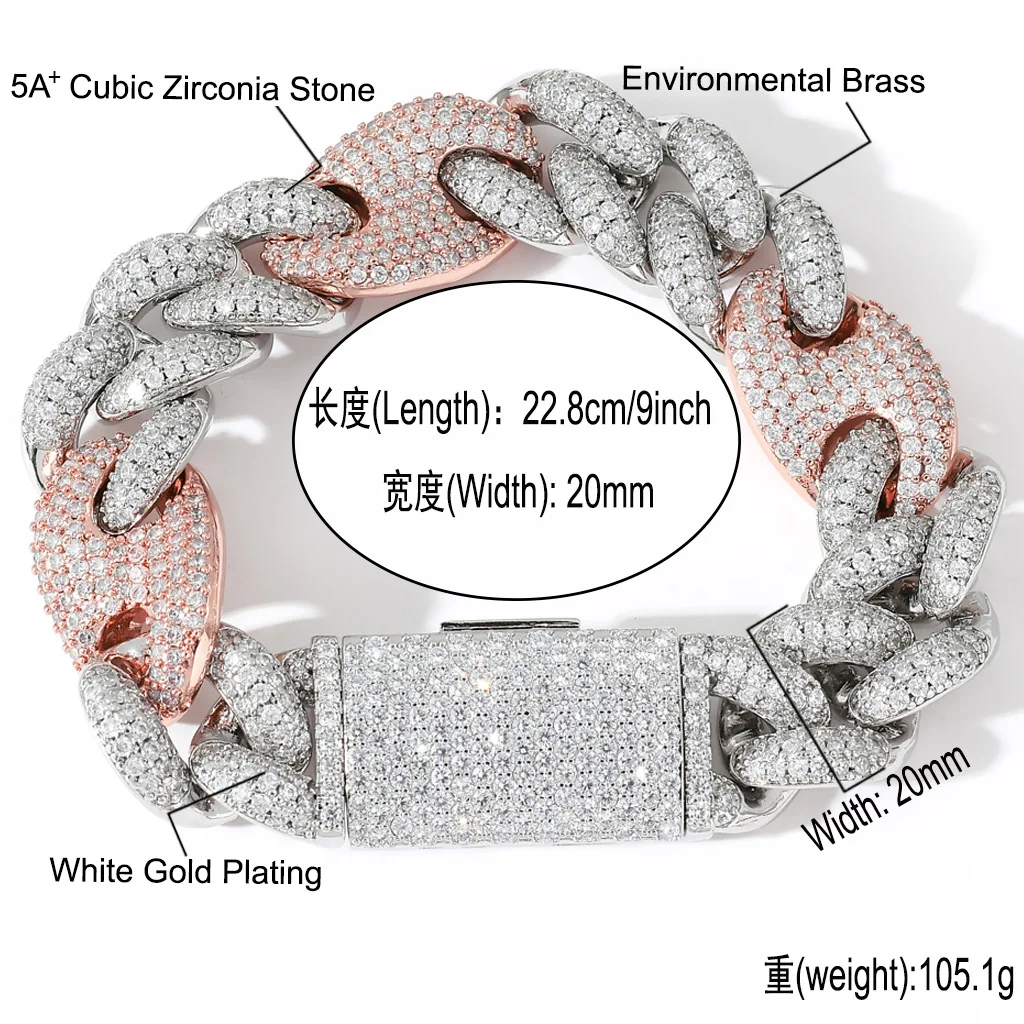 

20mm Cuban Bracelet Full of Zircon Large Box Buckle Men's Pig Nose Hip Hop Bracelet 8inch Miami Lock Clasp Cuban Link Drop Ship