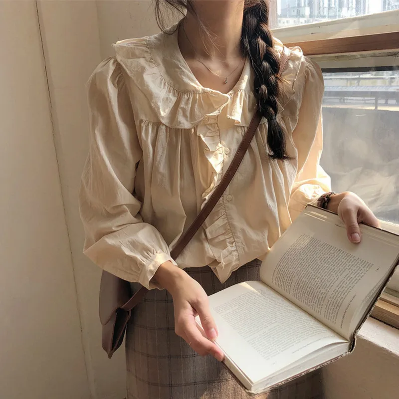 

Women Spring Sweet Peter Pan Collar Ruffle Blouse Long Sleeve Loose Single Breasted Tops Casual Shirt Cardigan Out Wear
