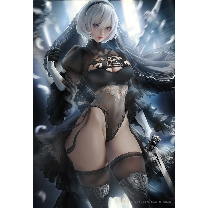 

Black and White Dress Nier 2B Canvas Paintings Custom Cartoon Sexy Game Girls Posters and Prints Wall Pictures for Bedroom Decor