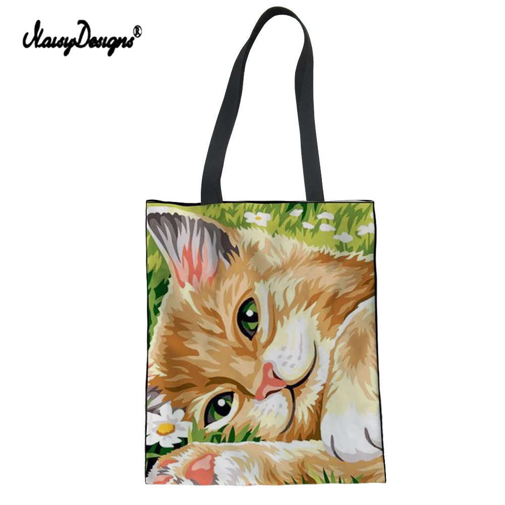 

Женская Складная многоразовая сумка для покупок с принтом в виде цветов и кошек