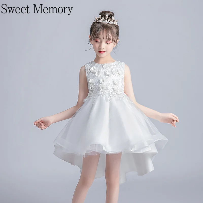 

High Low White Pink Flower Girl Dress 2021 Wedding Guest Appliques Lace Communion Dresses Children Tulle Robes Sweet Memory