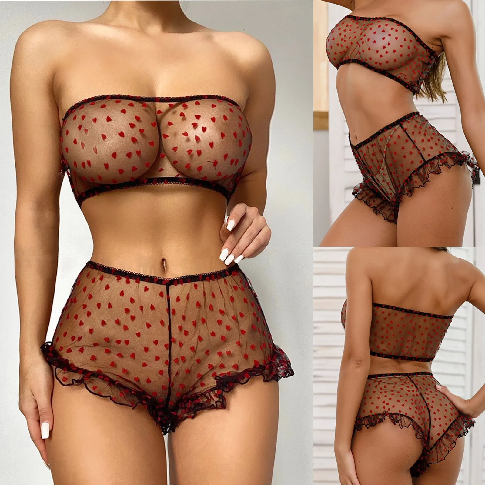 

Sexy Lingerie Women's Underwear Set See Through Love Pattern Lace Women Sexy Lingerie Bra + Thong Pajamas Underwear Set