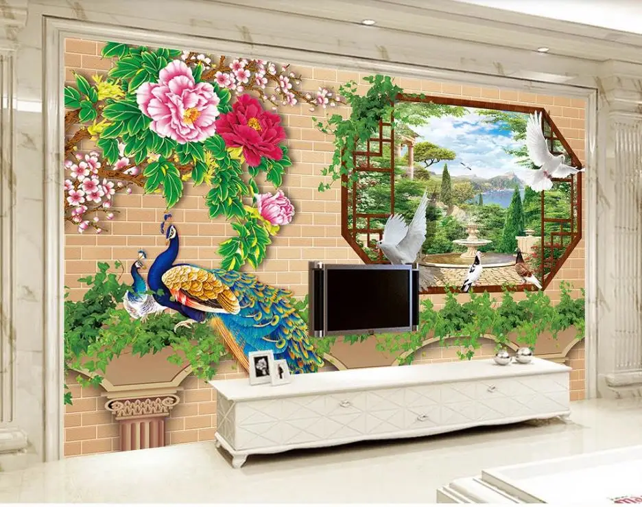 Custom Peacock peony iving room decoration 3d wallpaper walls European 3D TV background wall | Обустройство дома