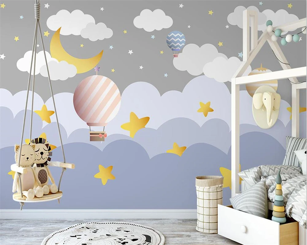 

beibehang Custom Nordic hand-painted clouds hot air balloon starry modern children's room background wallpaper papier peint