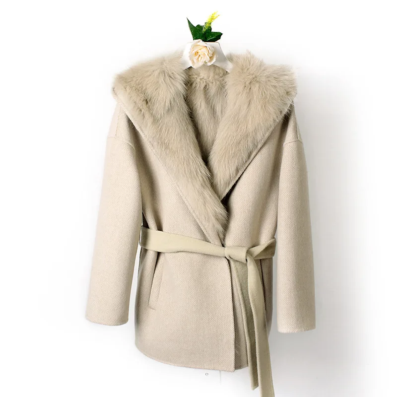 beige OFTBUY новая зимняя куртка Женское пальто из натурального меха лисы верхняя одежда из шерсти верхняя одежда с поясом Толстая теплая Съемная уличная одежда - Цвет: beige