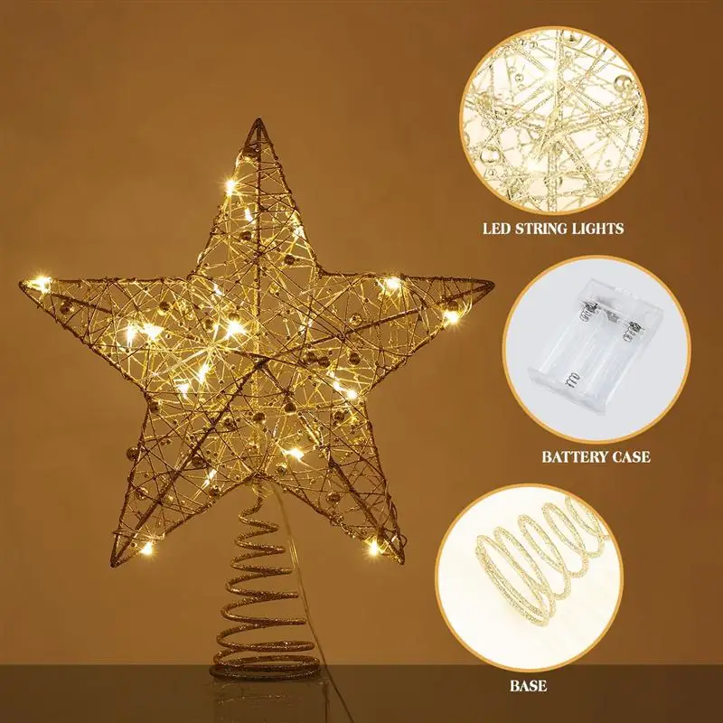 

25 X 30cm Christmas Tree Iron Topper Star Glitter Treetop Star With String Lights Christmas Party Decoration Xmas Decor (Golden)