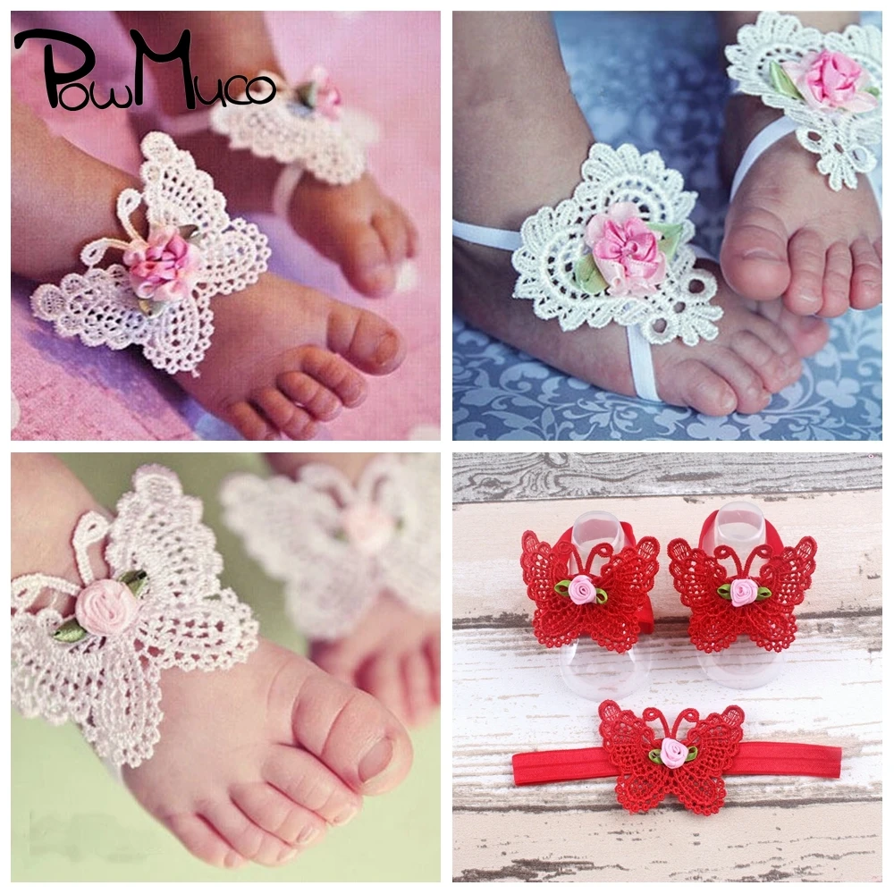 Powmuco прекрасный Вязание бантом Цветочная повязка на голову и босиком сандалии