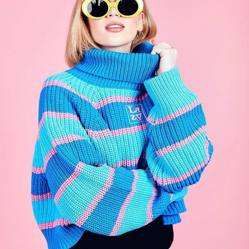 

Winter Women Sweaters Ulzzang Lazy Wind Letter Embroidery Color Matching Striped High Collar Sweater Harajuku Clothing For Women