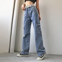 blue straight jeans women vintage cargo denim panats fashion pocket high waisted patchwok stitched 90s aesthetic loose casual