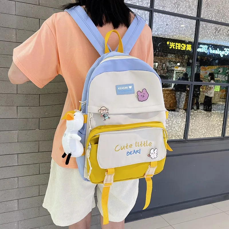 

Fashion Women's Backpack Harajuku Cute Badge Contrast Color School Bag For Girls Nylon Large Capacity Waterproof Scoolbag 2021