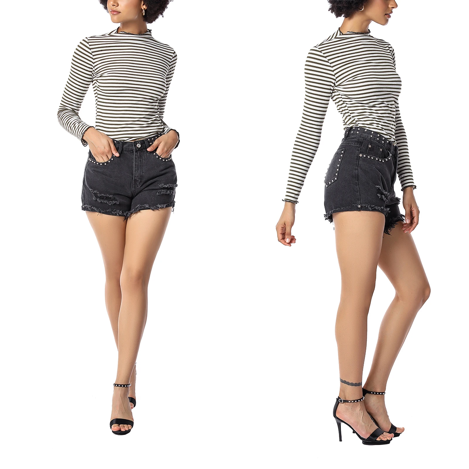 

Breathable Ladies Ripped Denim Shorts, Summer Girls Fashionable High Waist Beaded Loose Jeans Female Casual Short Trousers