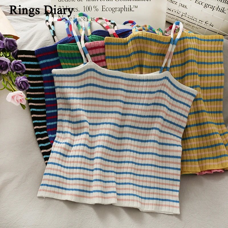 

Rings Diary Women Spaghetti Strap Crop Tops Slim Fit Casual Camisole in Stripe Retro Camis Stripe Skinny Tops For Girl Beachwear