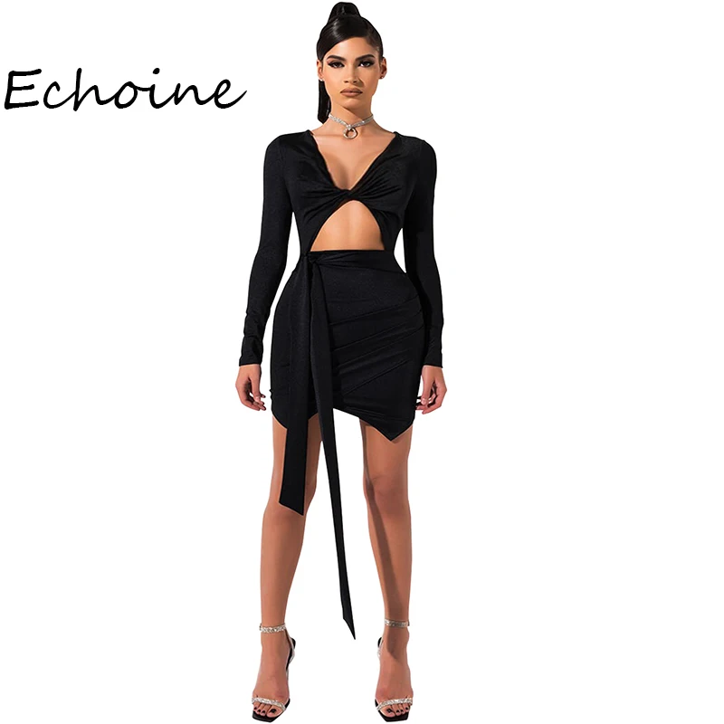 2020 Spring Sexy Women Dress Deep V-neck Slinky Bodycon Bandage Long Sleeve Hollow Out Party Vestidos Black Red | Женская одежда